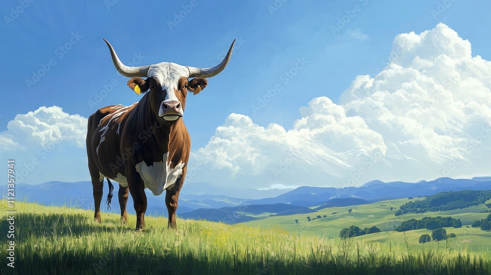 Texas Longhorn Bull Stands Proudly In Grassy Hills Texas Longhorn Bull Stands Proudly In Grassy Hills