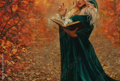 Art photo real person. Close-up red lips Fantasy woman witch hand casting spell creating magic with book, white smoke. Girl elf in green dress wide sleeves hooh on head. forest trees orange leaves photo