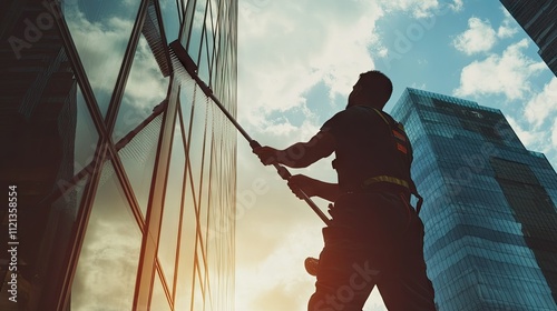 Professional window cleaner extending a telescopic water brush to reach high windows on a modern skyscraper