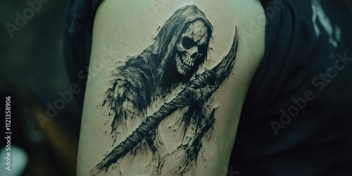 Dark artistry emerges with a detailed tattoo of a grim reaper holding a spear on a person\'s arm in an urban setting photo