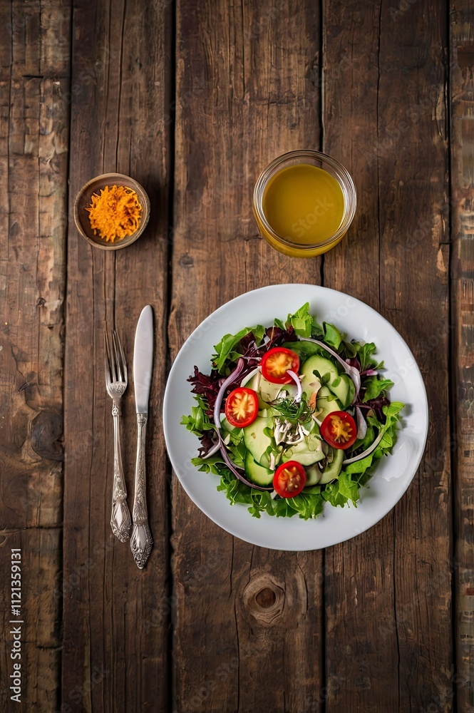 Salad in a plate on wooden background, top view Salad in a plate on wooden background, top view