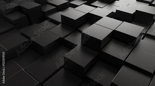 Many dark gray cubes of different sizes are arranged in a diagonal pattern.