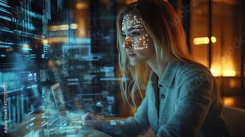 Focused young woman programmer working late at night, illuminated by the glow of her computer screen. Digital data streams across her face, creating a futuristic effect.