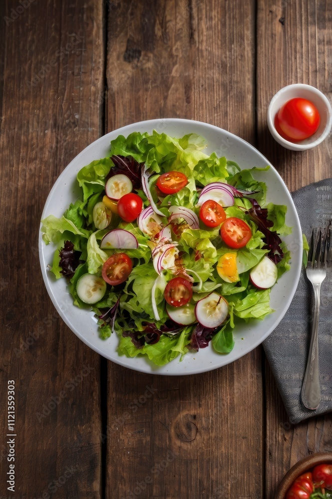 Salad in a plate on wooden background, top view Salad in a plate on wooden background, top view