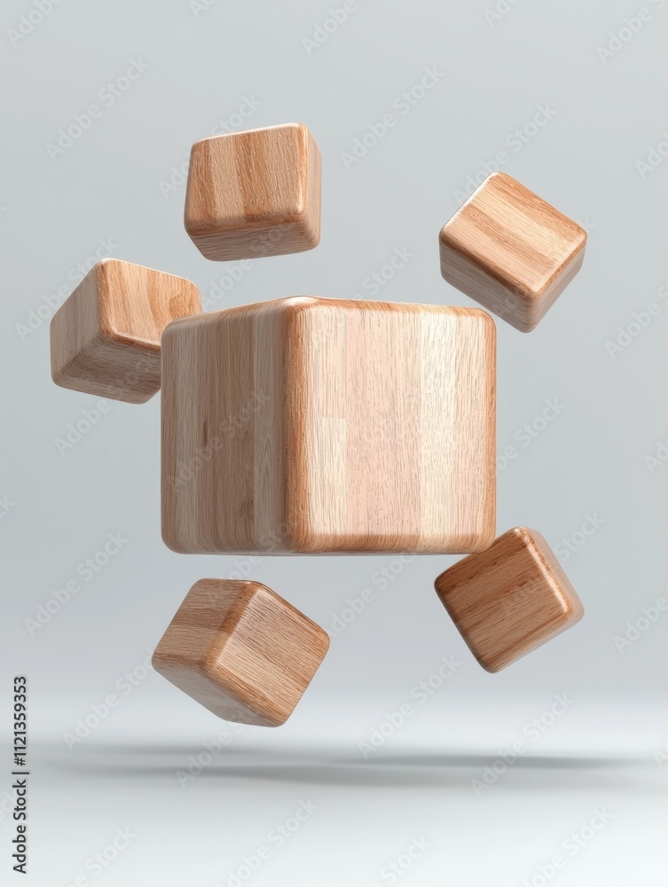A wooden block and smaller cubes are floating in mid-air, showcasing a minimalist design and a playful arrangement. A wooden block and smaller cubes are floating in mid-air, showcasing a minimalist design and a playful arrangement.
