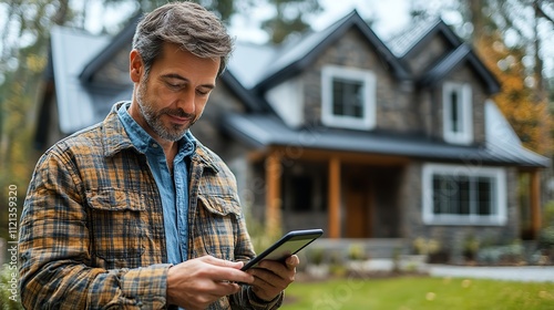 A real estate agent using a phone and tablet to look at real estate listings, captured with focus on the digital devices