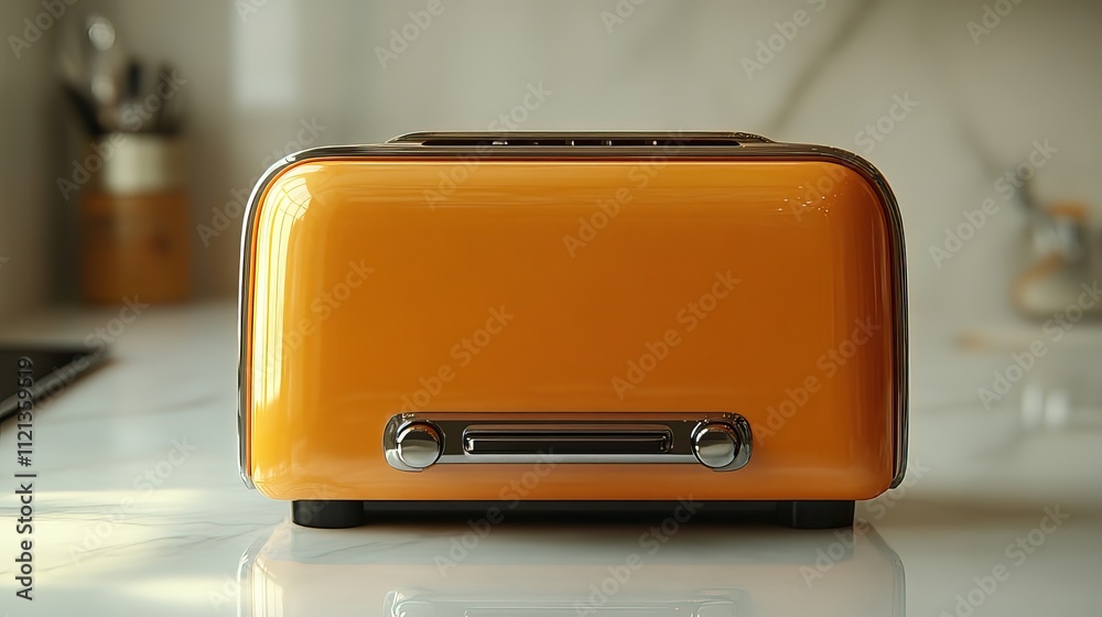 A realistic 3D illustration of an orange toaster is isolated against a clean white background A realistic 3D illustration of an orange toaster is isolated against a clean white background