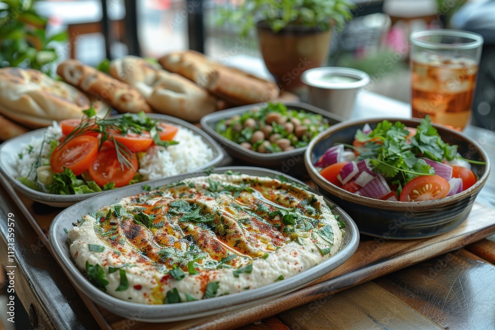 Fototapeta premium Rustic Mediterranean Table Setup with Hummus and Pita