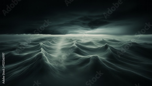 Waves crash violently under ominous clouds as twilight casts a dark atmosphere photo