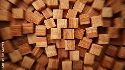 A close-up view of numerous small wooden cubes arranged in a chaotic yet visually appealing pattern.