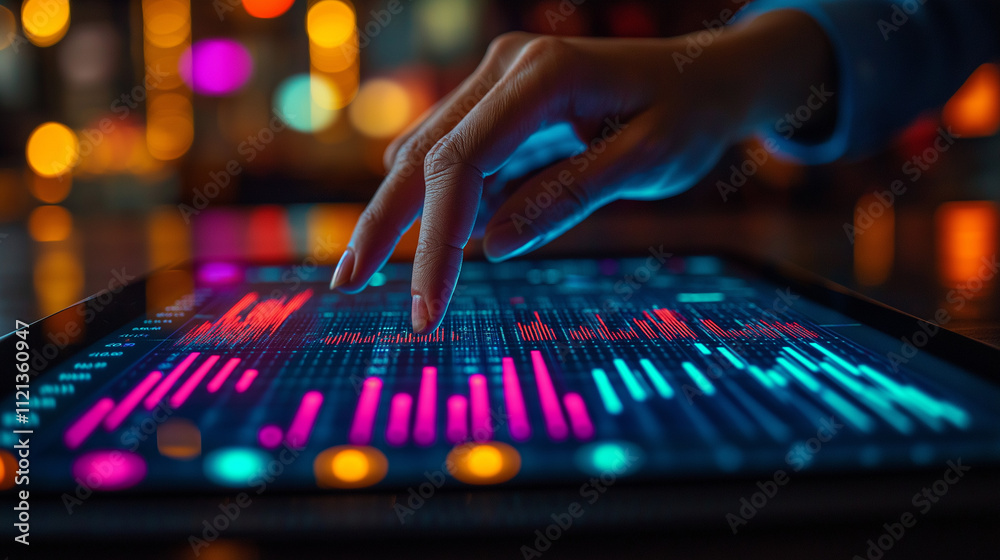 Fototapeta premium Digital Touch: A close-up shot of a hand navigating a tablet screen with colorful data visualizations in the background, highlighting the power of technology in the modern world. 