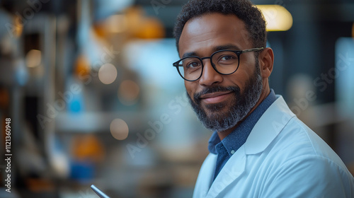 Confident in Innovation: Portrait of a skilled and dedicated scientist, with a warm smile and focused gaze, standing confidently in a modern lab setting.