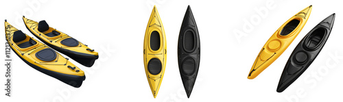 Two pairs of kayaks in yellow and black, designed for water sports and leisure activities. photo