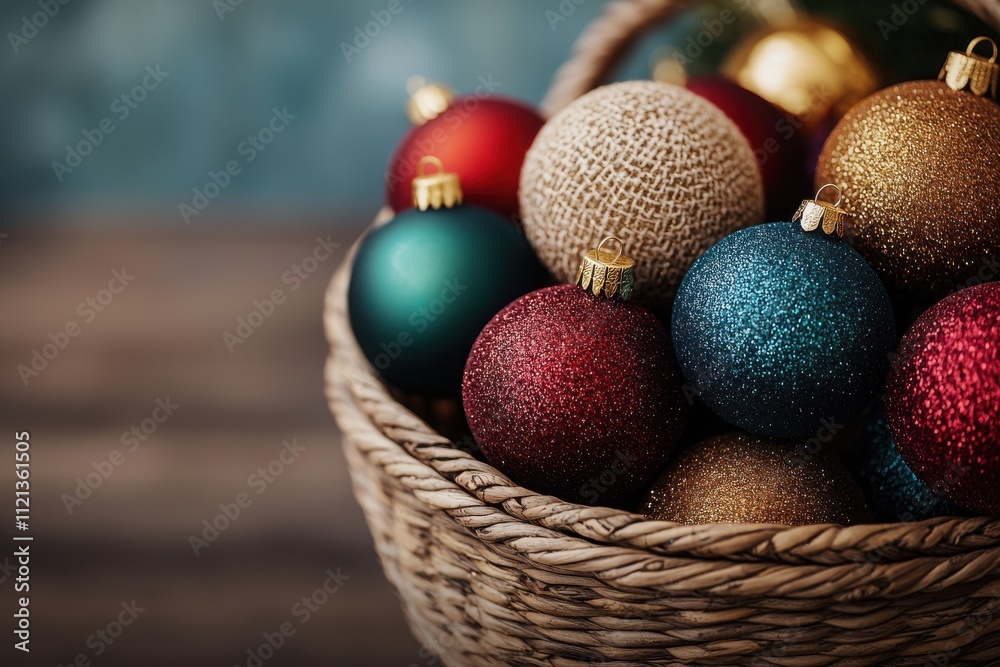Holiday ornaments in a basket christmas decor cozy setting Holiday ornaments in a basket christmas decor cozy setting