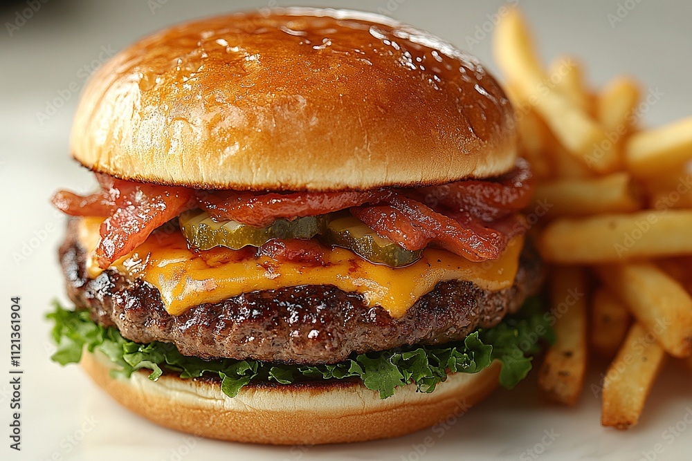 Juicy beef burger with crispy bacon, melted cheese, and pickles, served with golden french fries. A delicious meal!