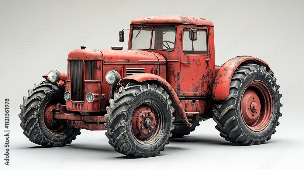 A red tractor on a white background displays vibrant agricultural equipment A red tractor on a white background displays vibrant agricultural equipment