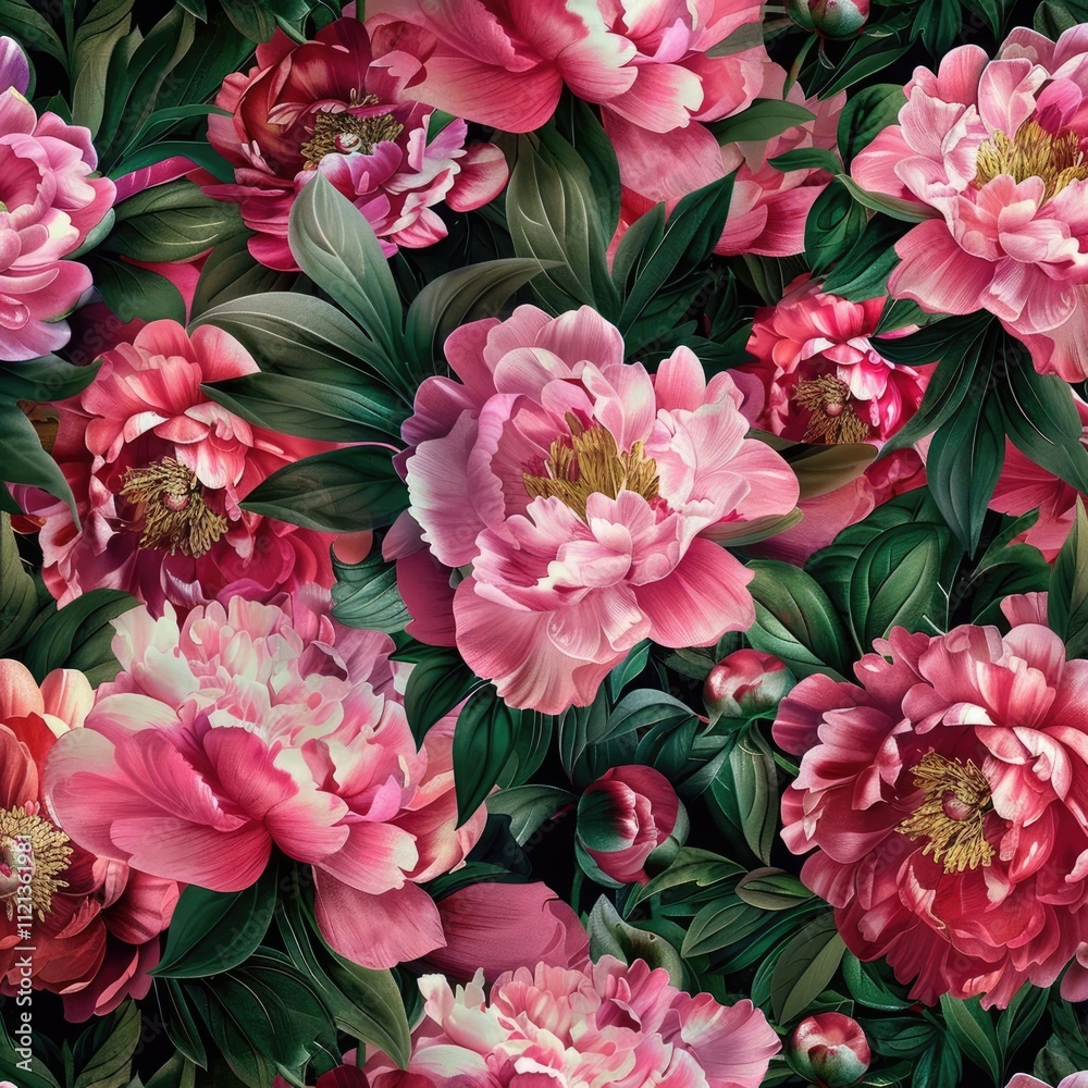 Whimsical and elegant seamless pattern of peony flowers, vibrant pinks and lush greens, light and enchanting design Whimsical and elegant seamless pattern of peony flowers, vibrant pinks and lush greens, light and enchanting design