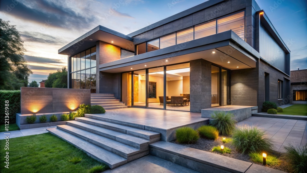 Low Light Modern Home Exterior - Sleek Grey Cladding, Minimalist Design, Concrete Steps Low Light Modern Home Exterior - Sleek Grey Cladding, Minimalist Design, Concrete Steps