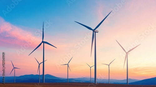 Wind turbines generating clean energy at sunset: sustainable power solution