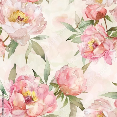 Fototapeta Naklejka Na Ścianę i Meble -  Whimsical seamless background of peony blossoms, delicate watercolor design with pinks and greens, enchanting and light