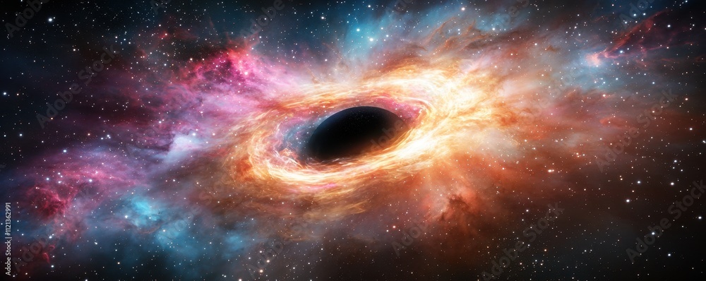 A swirling black hole portal in the endless expanse of space, surrounded by vibrant nebulae in shades of pink, purple, and blue, shimmering with an otherworldly light. A swirling black hole portal in the endless expanse of space, surrounded by vibrant nebulae in shades of pink, purple, and blue, shimmering with an otherworldly light.