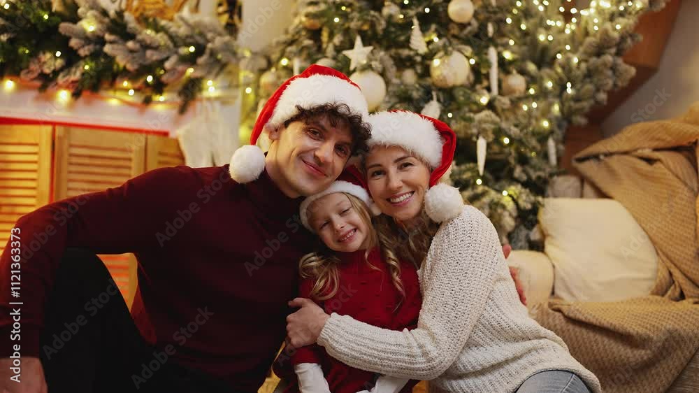 Portrait of a happy family in Santa hats celebrating the magic of Christmas Portrait of a happy family in Santa hats celebrating the magic of Christmas