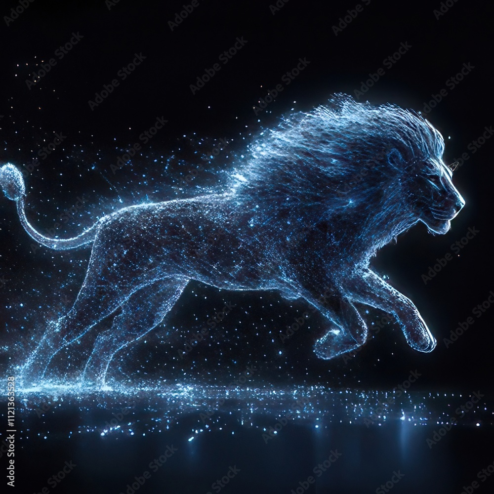 Abstract glowing lion running, digital art. Abstract glowing lion running, digital art.