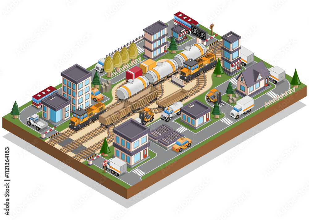 City. Railroad station. Isometric. Isolated on a white background. Vector illustration.