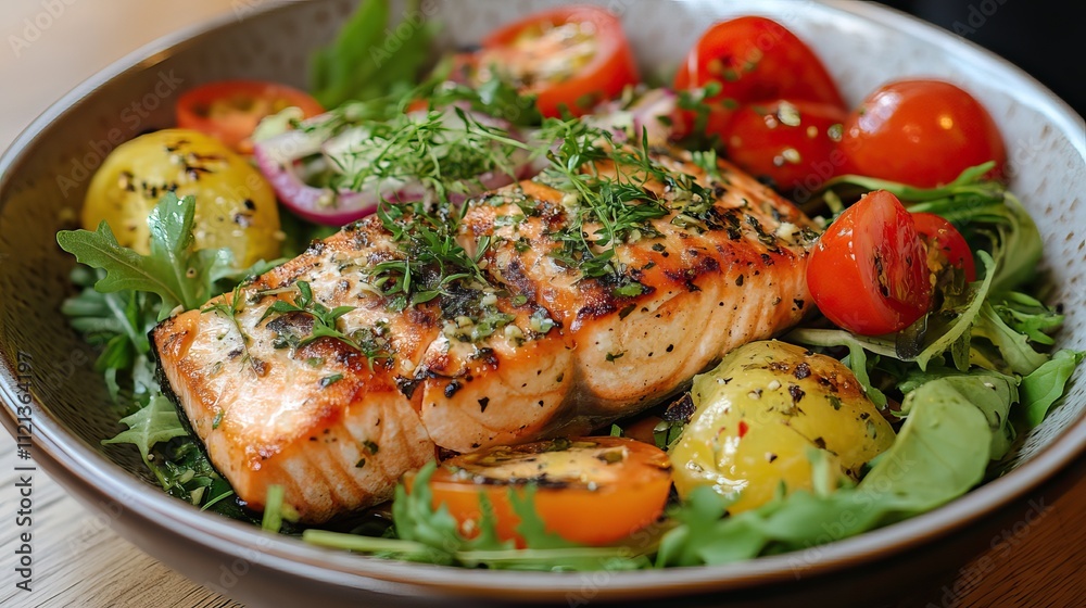 A salad featuring salted salmon and fresh vegetables presents a colorful dish ideal for health-conscious diets A salad featuring salted salmon and fresh vegetables presents a colorful dish ideal for health-conscious diets