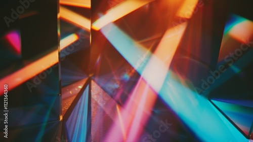 Abstract beams of colored light refract in a kaleidoscope effect, creating a vibrant, mesmerizing pattern of prisms and reflections.