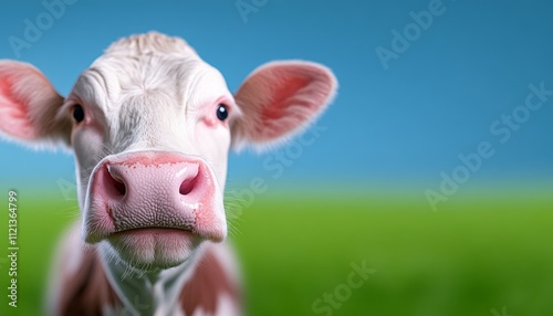 Calf with bright eyes gazes curiously at the viewer in a sunny green field