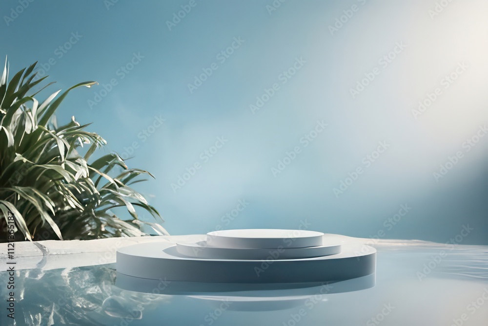 White podium on tranquil blue water with tropical plants.