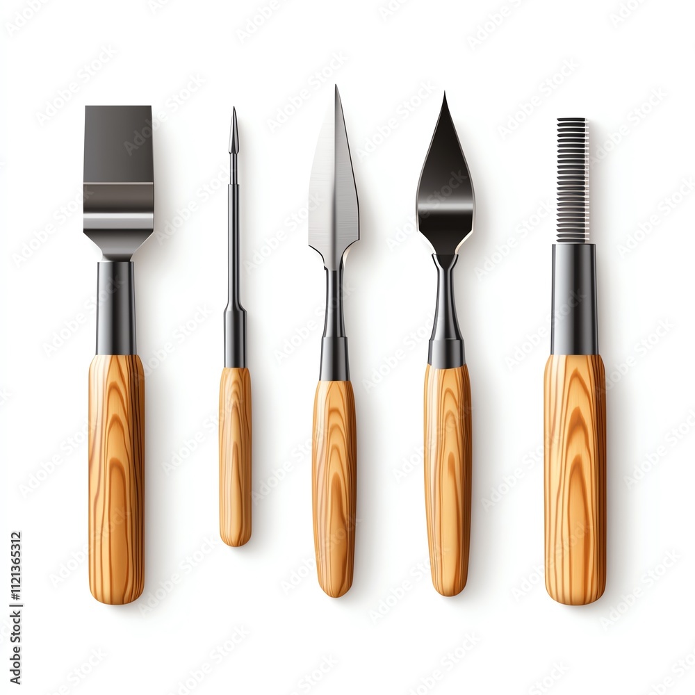 A collection of five elegant sculpting tools with wooden handles for artistry and craft. A collection of five elegant sculpting tools with wooden handles for artistry and craft.