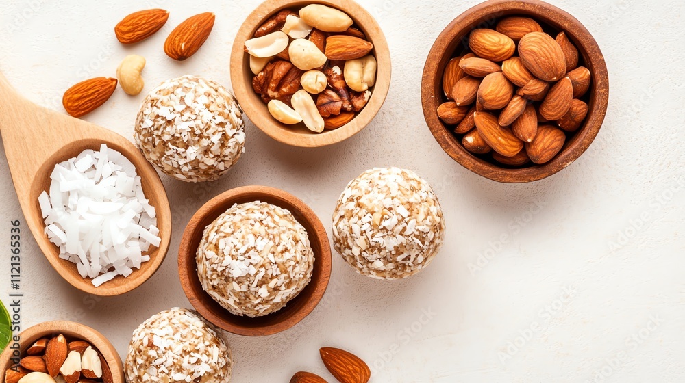 A collection of healthy snacks including nuts, coconut, and energy balls arranged on a light background. A collection of healthy snacks including nuts, coconut, and energy balls arranged on a light background.