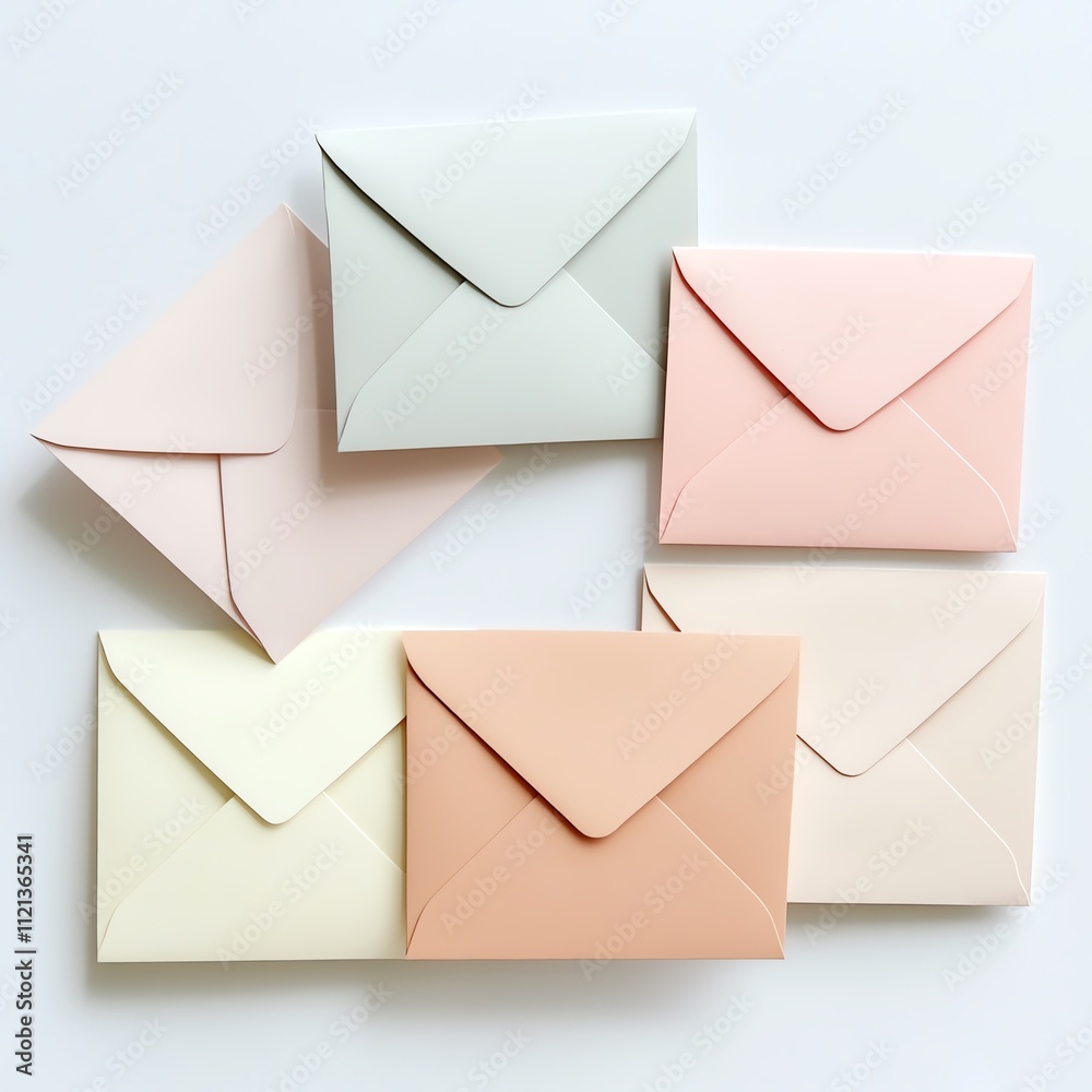 A collection of pastel-colored envelopes arranged in a pleasing layout, perfect for stationery or invitation designs. A collection of pastel-colored envelopes arranged in a pleasing layout, perfect for stationery or invitation designs.