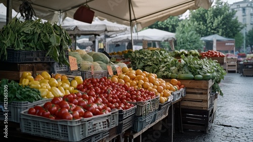 A vibrant market stall displays an array of fresh vegetables and fruits under an open-air canopy, capturing the essence of local produce and community spirit.