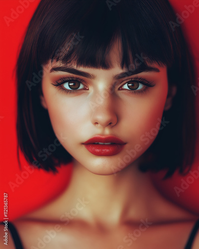 Close up of a confident woman with a subtle smirk on a bright red background, black hair