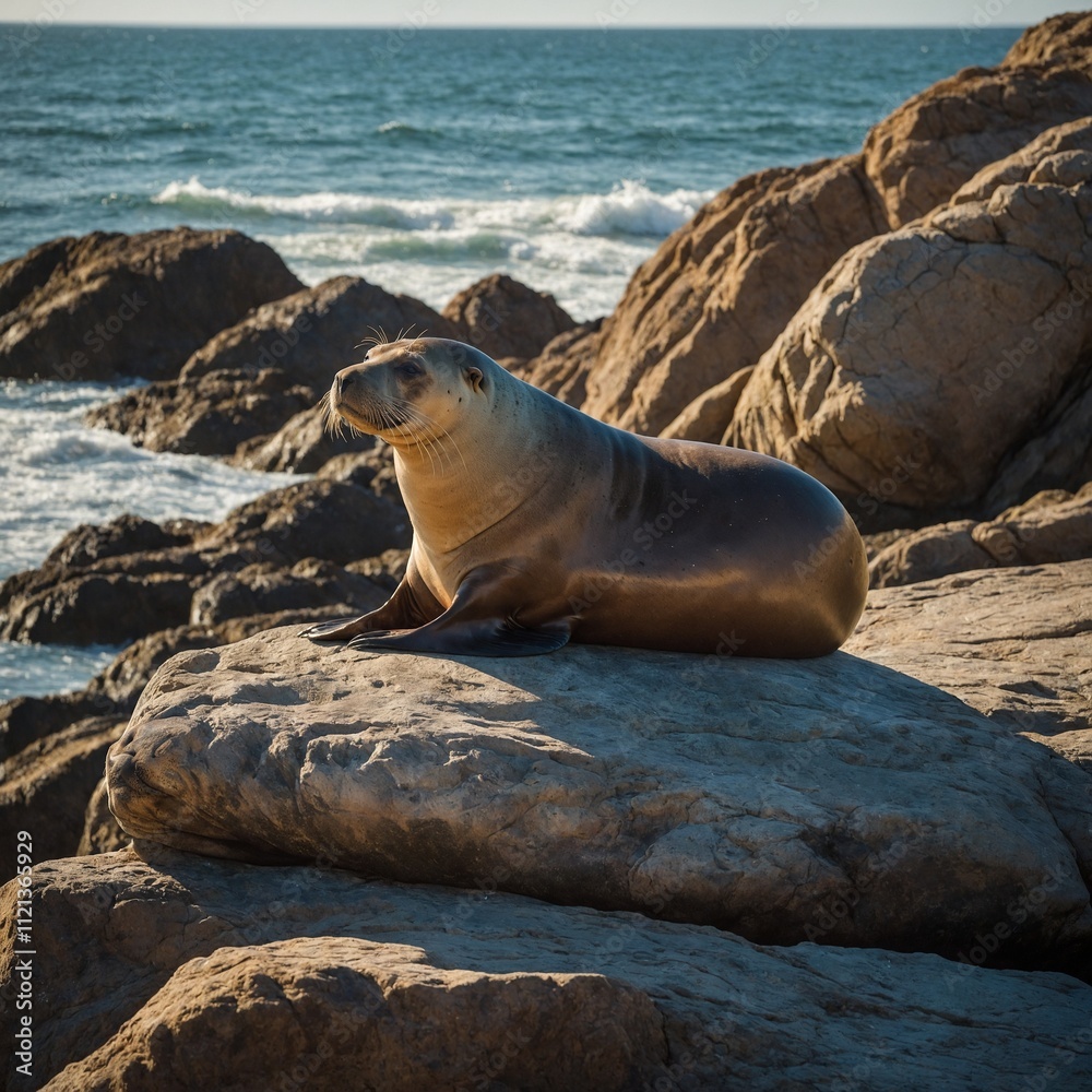 Fototapeta premium A sea lion lounging on a rock in the sunlight.