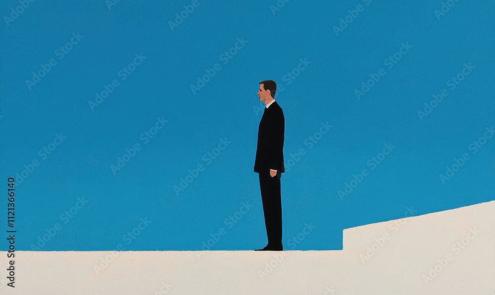 Minimalist Businessman Silhouette Against Clear Blue Sky with White Geometry Minimalist Businessman Silhouette Against Clear Blue Sky with White Geometry