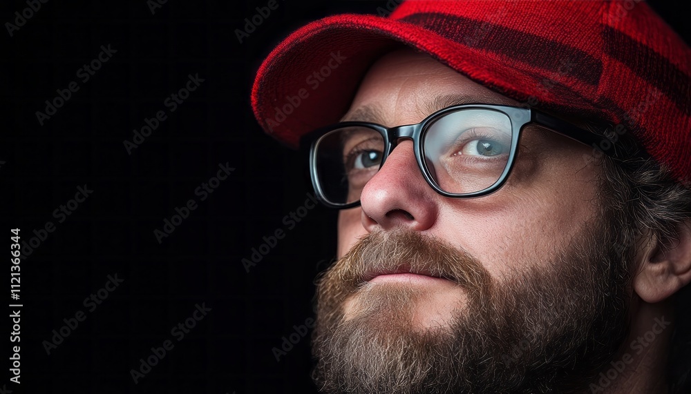Man with glasses and a red cap appears deep in thought under soft lighting Man with glasses and a red cap appears deep in thought under soft lighting