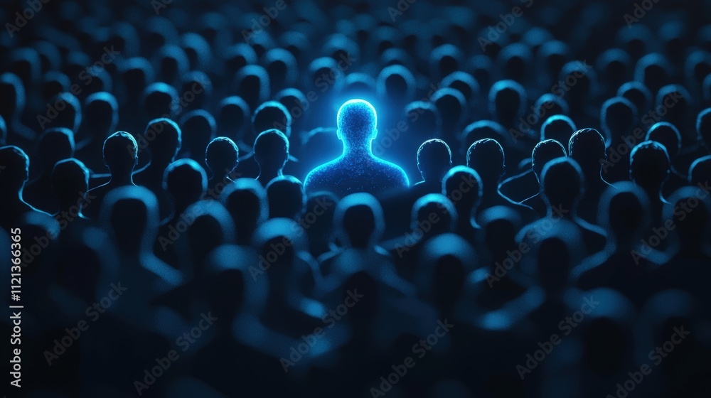 Obraz premium Illuminated figure among a dark crowd
