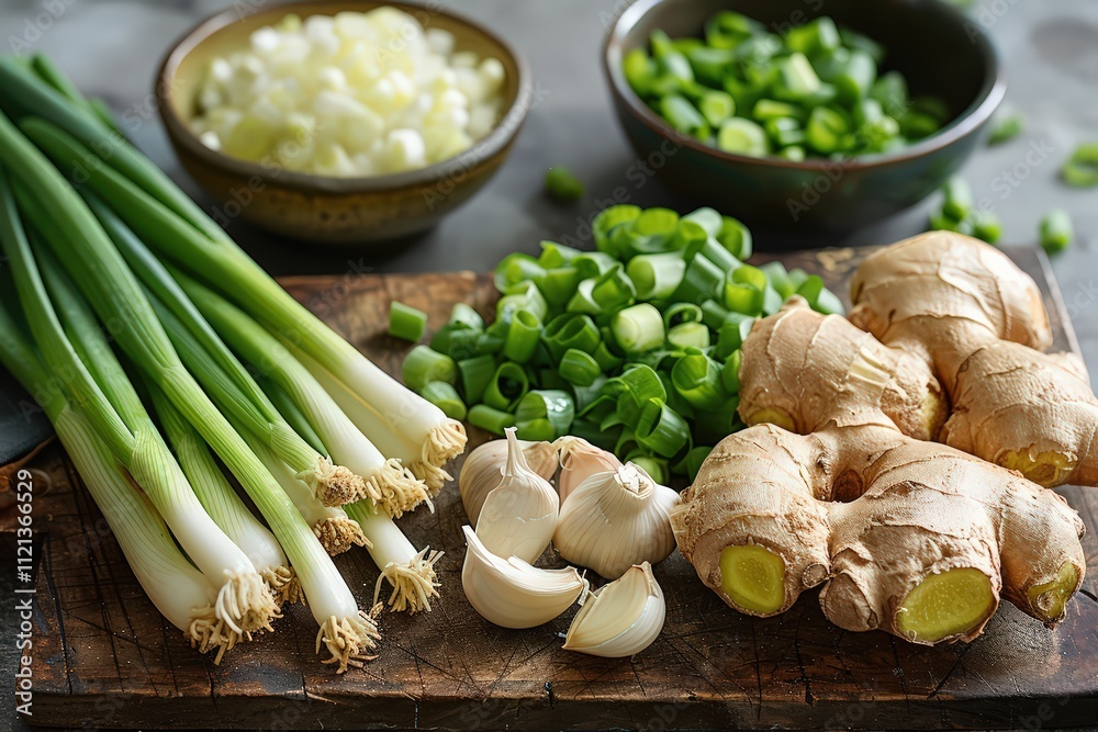 Fresh Garlic, Ginger, and Green Onions on Wooden Board Fresh Garlic, Ginger, and Green Onions on Wooden Board