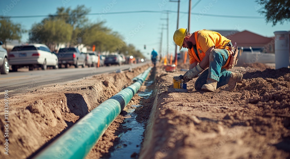 Workers installing underground pipes for utility infrastructure development
Workers installing underground pipes for utility infrastructure development