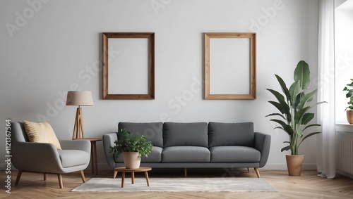 White gray and canvas frame living room interior with tea table, plants and decor. illustration mock up