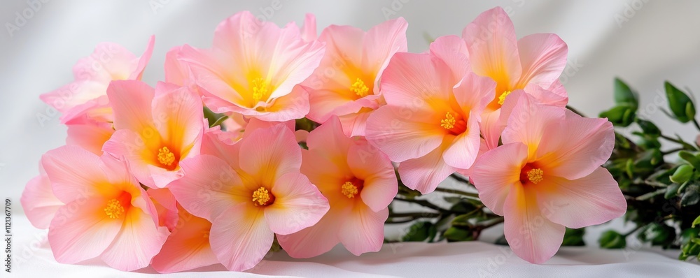 Obraz premium The photo captures a beautiful cluster of star shaped flowers in full bloom, with delicate pink petals and vibrant yellow centers, set against a simple white background.
