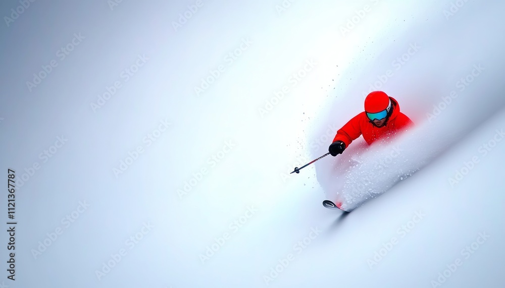 A skier in vibrant red carves through fluffy snow on a mountain A skier in vibrant red carves through fluffy snow on a mountain