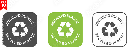 100% recycled plastic label. Eco friendly packaging symbol. Flat design. Vector illustration