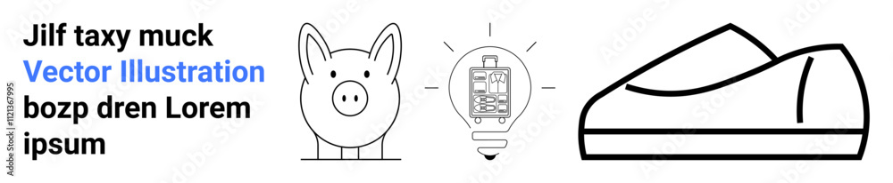 Piggy bank, light bulb with circuitry, shoe outline, and sample text elements. Ideal for finance, technology, footwear, business, education, design, and advertising themes. Landing page Piggy bank, light bulb with circuitry, shoe outline, and sample text elements. Ideal for finance, technology, footwear, business, education, design, and advertising themes. Landing page