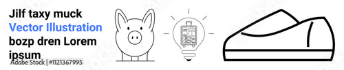 Piggy bank, light bulb with circuitry, shoe outline, and sample text elements. Ideal for finance, technology, footwear, business, education, design, and advertising themes. Landing page