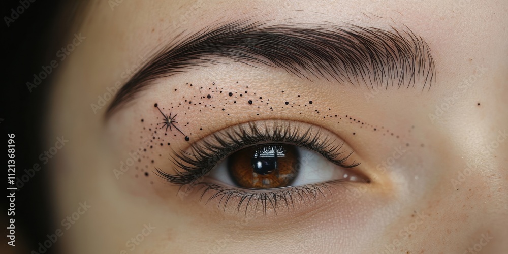 Fototapeta premium Unique eye makeup art featuring intricate dot patterns, sparkles, and a natural look showcasing creativity and individual style